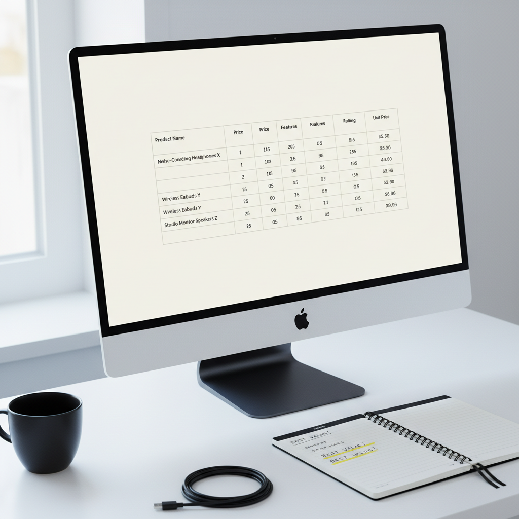 A detailed close-up of a minimalist white computer monitor on a matte black stand, displaying a structured comparison table of similar products on a clean ivory background, with black Pretendard-style text and subtle light gray grid lines. Next to the monitor, a slim black notebook lies open with handwritten unit price calculations and highlighted best-value options. The desk surface is pure white, with a single black ceramic cup and a neatly coiled charging cable. Cool, diffused daylight from a nearby unseen window gives a soft, even glow, minimizing harsh contrast. Photographic realism, slightly angled side view at eye level, using the rule of thirds to keep the screen as the focal point. The mood is precise, professional, and trustworthy, ideal for a blog explaining systematic shopping know-how.