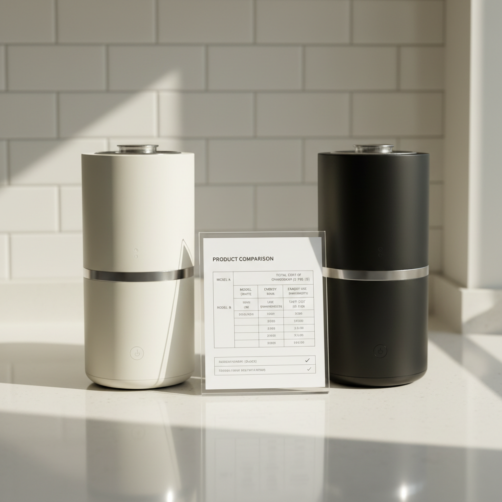 A minimalist kitchen countertop scene focused on two nearly identical kitchen appliances in white and matte black finishes, placed side by side on a smooth ivory counter. Between them, a clear acrylic stand holds a printed comparison sheet with black Pretendard-style typography, listing specs, energy usage, and total cost of ownership. Behind, a subtle white subway tile backsplash keeps the background uncluttered. Soft natural morning light streams in from the right, creating delicate reflections on the appliance surfaces and gentle shadows that add depth. Photographic realism from a slightly elevated front angle, with shallow depth of field so the comparison sheet and appliances are tack-sharp while the background recedes. The atmosphere is calm, objective, and informative, supporting content about choosing the most cost-effective product rather than the most advertised.