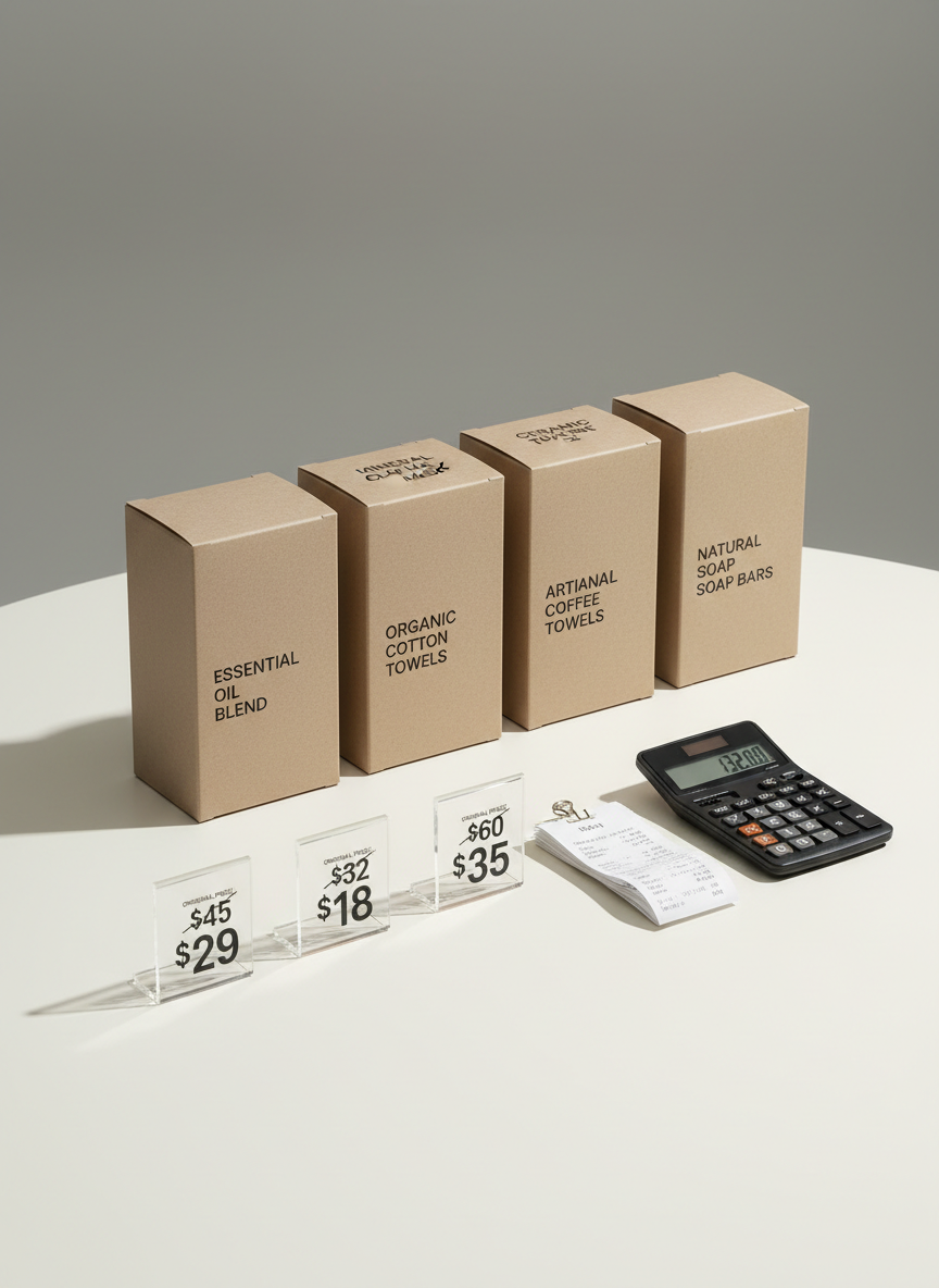 A meticulously arranged scene of multiple product boxes in neutral packaging, each labeled with clean black typography, displayed on a smooth ivory surface. In front of the boxes, transparent acrylic price tags show original prices neatly crossed out and lower, highlighted prices beneath, in a Pretendard-like font. A slim black calculator and a tidy stack of receipts sit to the side, suggesting careful cost analysis. Soft studio lighting from above and slightly to the right casts gentle, controlled shadows, enhancing the minimalist white, ivory, and black palette. Shot from a slightly elevated angle with shallow depth of field, keeping the central products sharp while the background softly blurs. The atmosphere is analytical yet calm, emphasizing rational, money-saving shopping decisions in a photographic, modern style.